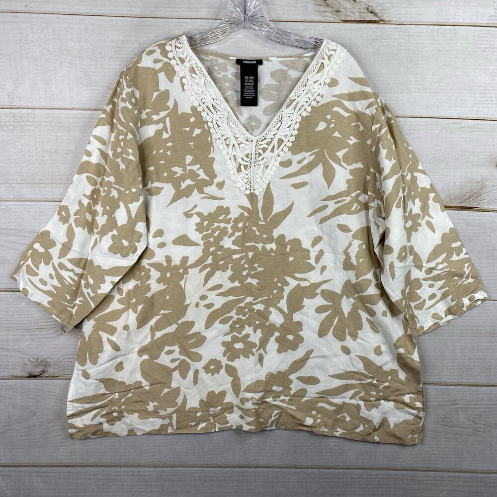 Premise Top Womens XXL 3/4 Sleeve Crochet Neck Linen Tunic White Tan Floral